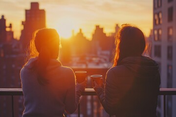 Lesbian couple savoring sunrise with coffee on a city balcony, embracing morning bliss together