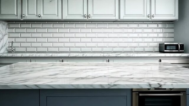A white marble countertop in a modern kitchen with gray cabinets and white tile backsplash