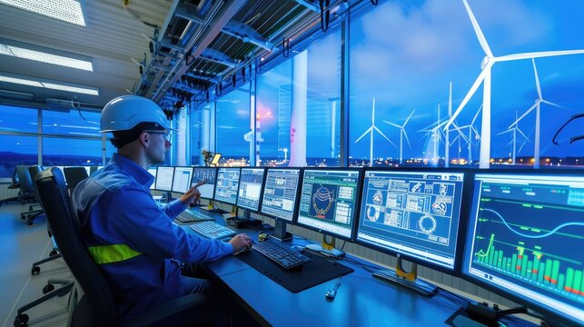 Monitoring Renewable Energy: A Control Room Overseeing Wind Turbines - Powered by Adobe