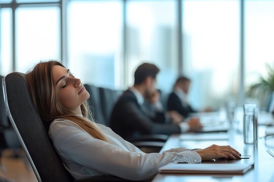 Comical scene of ineffective managers napping in a bright modern office during a meeting