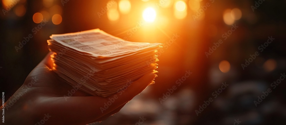 Poster Hands holding a stack of overdue bills in a dimly lit scene showing financial burden and desperation Bankruptcy concept with side empty space for text Stockphoto style