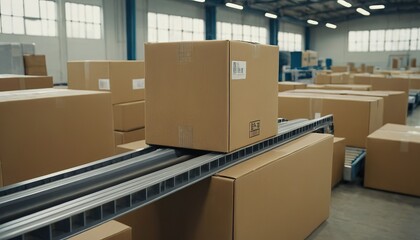Boxes on conveyor belt in warehouse 206