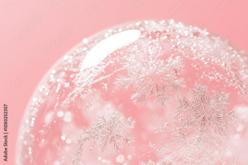 Poster close-up shot of a snow globe with swirling snow and tiny figurines on a pink background