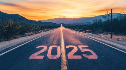 A scenic road with the number 2025 painted on it at sunrise. Natural landscape background. new beginnings, New Year