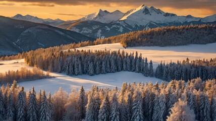 Obraz premium Serenity of The Snowy Mountains on A Golden Sunset, surrounded pine trees on the rolling hills, Frosty landscape, serene Alpine View V5