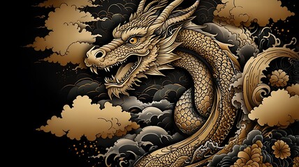 Japanese style tattoo designs, brutal, dragon, combined with water patterns, lotus flowers, tattoos. japan traditional mask, oni mask