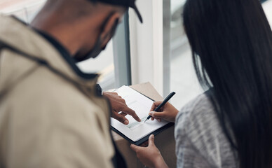 Customer, delivery man and signature with package of courier service, online shopping and...