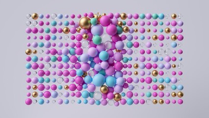 3d render, abstract minimalist geometric wallpaper. Pink blue and gold balls. Multicolored particles isolated on white background
