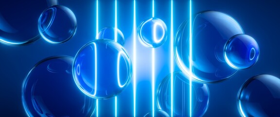 3D render. Abstract blue background of vertical glowing neon lines reflecting in transparent glass...