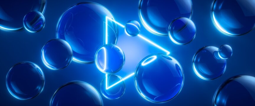 3d render. Abstract futuristic technology background. Bright neon linear geometric shape surrounded by transparent glass balls or bubbles. Glowing triangular frame. Virtual wallpaper in blue tones