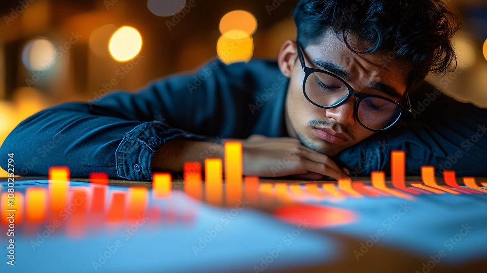 Poster individual looking at declining financial graphs on a screen surrounded by paperwork representing th