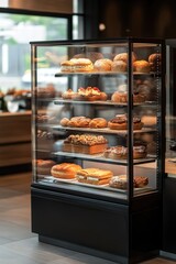 A colorful display case filled with various pastries