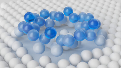 3d render, abstract background of white and blue balls. Close-up of microscopic spherical particles, irregular atomic structure. Visual metaphor of deviation and anomaly