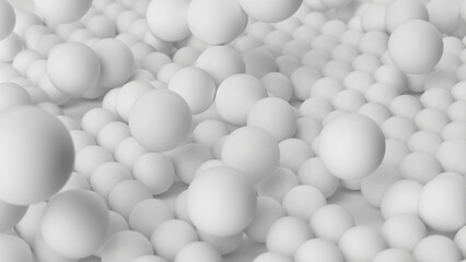 3d render, abstract background of chaotic white balls. Close-up of microscopic spherical particles,...