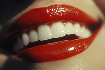 Close-up shot of a woman's mouth featuring bright red lipstick