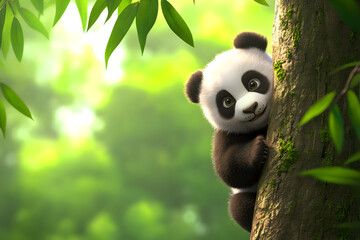 Obraz premium A charming baby panda climbing a tree, surrounded by lush greenery, showcasing its playful spirit. A panda cub exploring its environment.