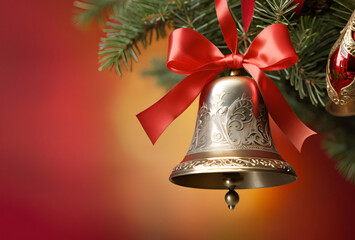 Symbolism and Shine: The Golden Bell and Its Red Bow Highlighting the Joy of Christmas in a Illuminated Setting.