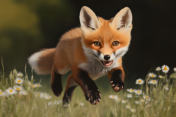 A playful fox kit tumbling in a field of wildflowers, capturing the spirit of playfulness in nature. A fox cub enjoying the season.


