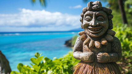 Fototapeta premium A cheerful South Pacific islander statue wearing a grass skirt, set against a bright blue ocean background