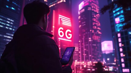 Man with Phone in Futuristic Neon Cityscape