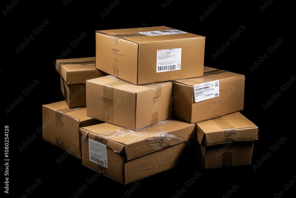 Poster Pile of cardboard boxes stacked high with flaps open