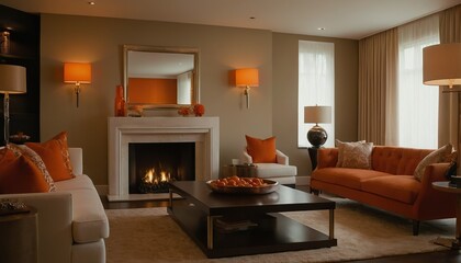 Fototapeta premium White marble floor tile in brown wall hall luxury living room with beige corner sofa modern coffee 17