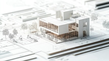 Architectural model of a modern building with design plans.