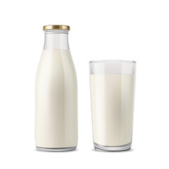 Milk in a bottle with a golden cap, and in a glass, isolated on a white background.