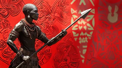 Fotobehang A determined Bantu warrior statue with a spear, against a bold red background with tribal motifs © Shanorsila