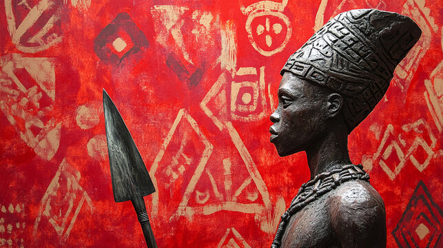 A determined Bantu warrior statue with a spear, against a bold red background with tribal motifs