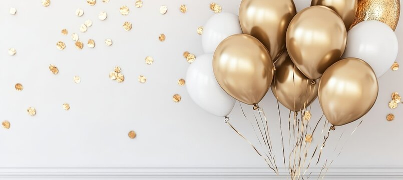 White and Gold Balloons on a White Background with Gold Confetti for a Birthday or Celebration