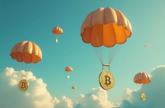 Golden Bitcoin coins with parachutes falling from sky as cryptocurrency airdrop concept