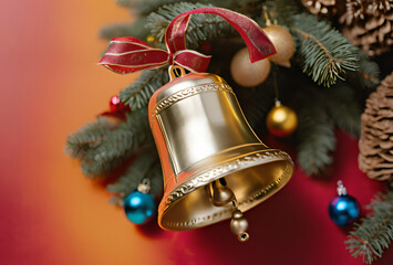 Golden Bell with Red Bow: A Festive Emphasis that Illuminates the Christmas Atmosphere with Charming Details.