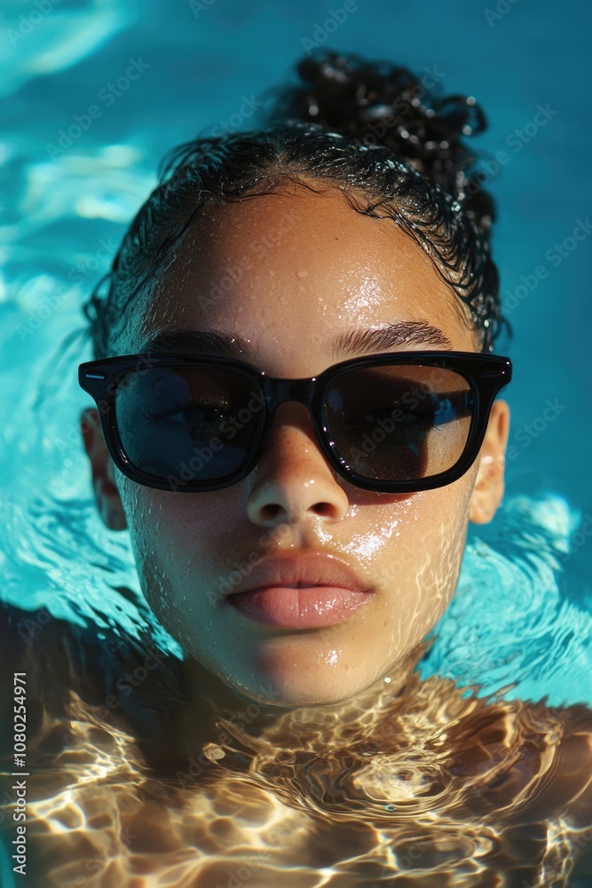 Poster A woman relaxing in a pool while wearing sunglasses, suitable for use as a background image or in a lifestyle setting