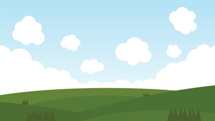 Fototapeta premium landscape cartoon scene. green filed with grass and white fluffy cloud on blue sky background 