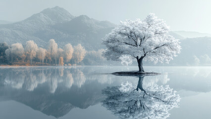 Symmetrical Winter Tree Reflection in Foggy and Tranquil Landscape