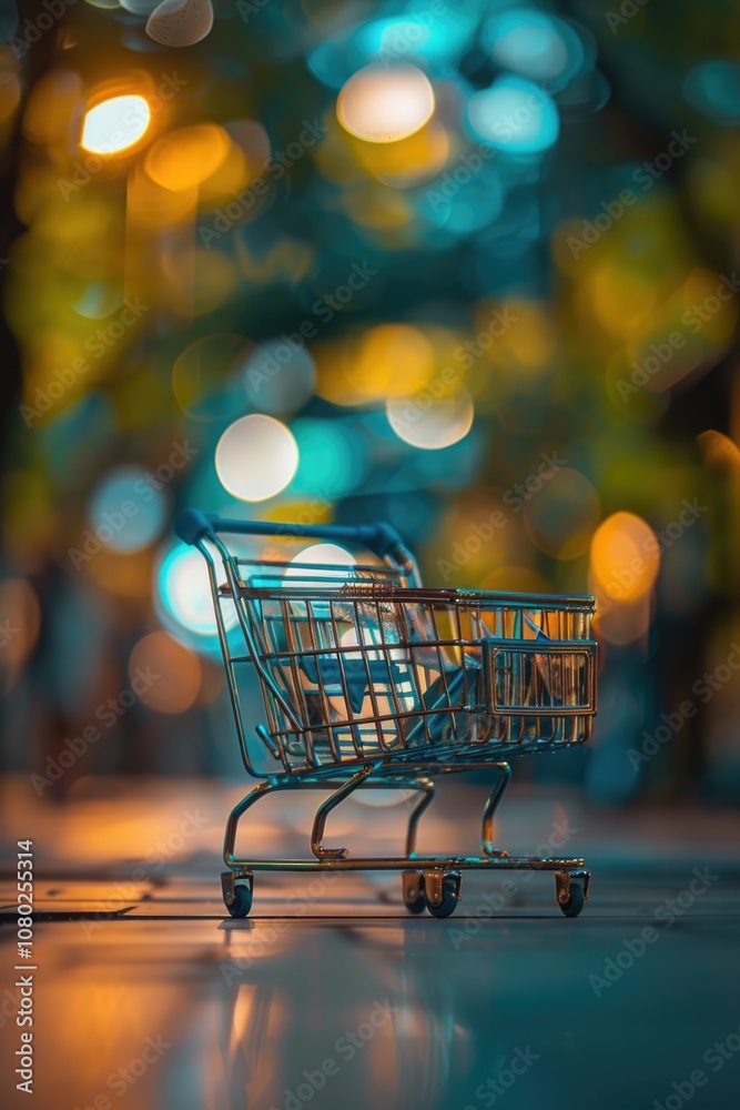 Poster A small shopping cart sitting on a table, great for use in illustrations, graphics or as a prop