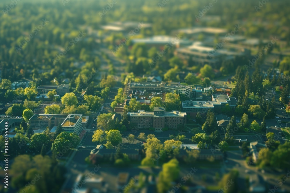 Poster Urban landscape with dense tree coverage and modern architecture