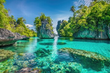 Naklejka premium Clear waters of a lagoon surrounded by trees, great for nature and outdoor scenes