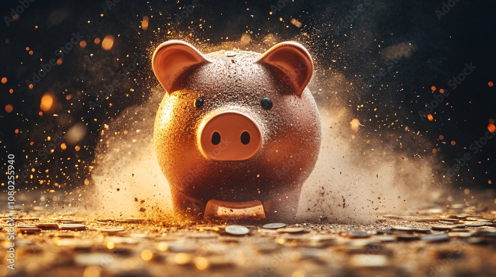 Poster A broken piggy bank with coins and dust surrounding it representing depleted finances and hardship Bankruptcy concept with side empty space for text Stockphoto style