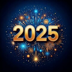 Złoty napis 2025 otoczony fajerwerkami na niebieskim tle. Tło sylwestrowe