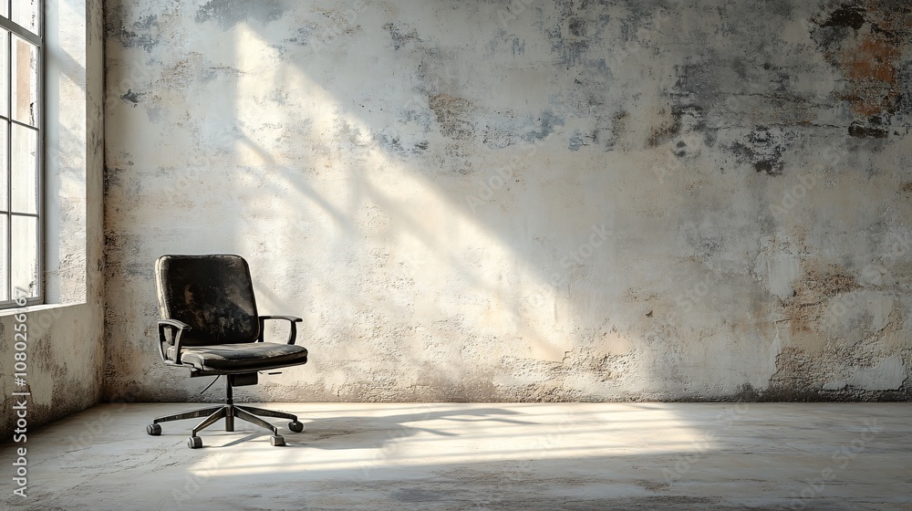 Poster deserted office space with only a single chair and desk symbolizing closure and end of business bank