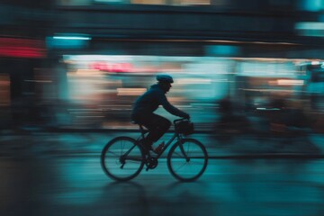 Urban Cyclist Riding Through City Streets at Night with Motion Blur and Vibrant Lights
