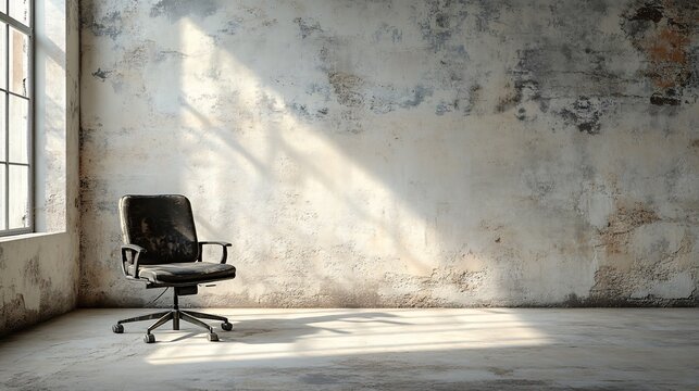 Deserted office space with only a single chair and desk symbolizing closure and end of business Bankruptcy concept with side empty space for text Stockphoto style