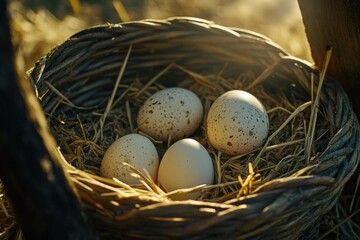 Obraz premium A natural scene of a bird's nest with four eggs and straw on the ground, suitable for use in environmental or nature-related contexts
