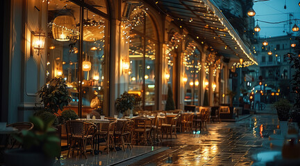 Fototapeta premium A posh elegant contemporary restaurant at night during a small party. outside.