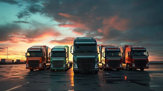 Group of semi trucks in row on the truck stop parking	
