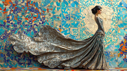 A graceful Persian woman statue in a flowing gown, against a vibrant tile-patterned background