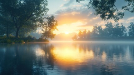 Fototapeta premium Serene sunrise over a tranquil lake surrounded by trees.