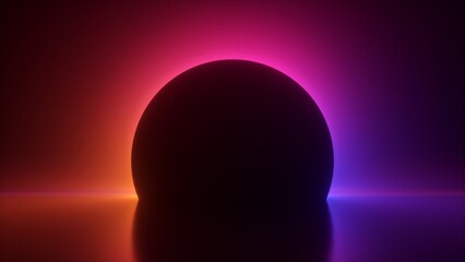 3d render illustration of dark black sphere against a radiant vibrant gradient backdrop. Geometric...